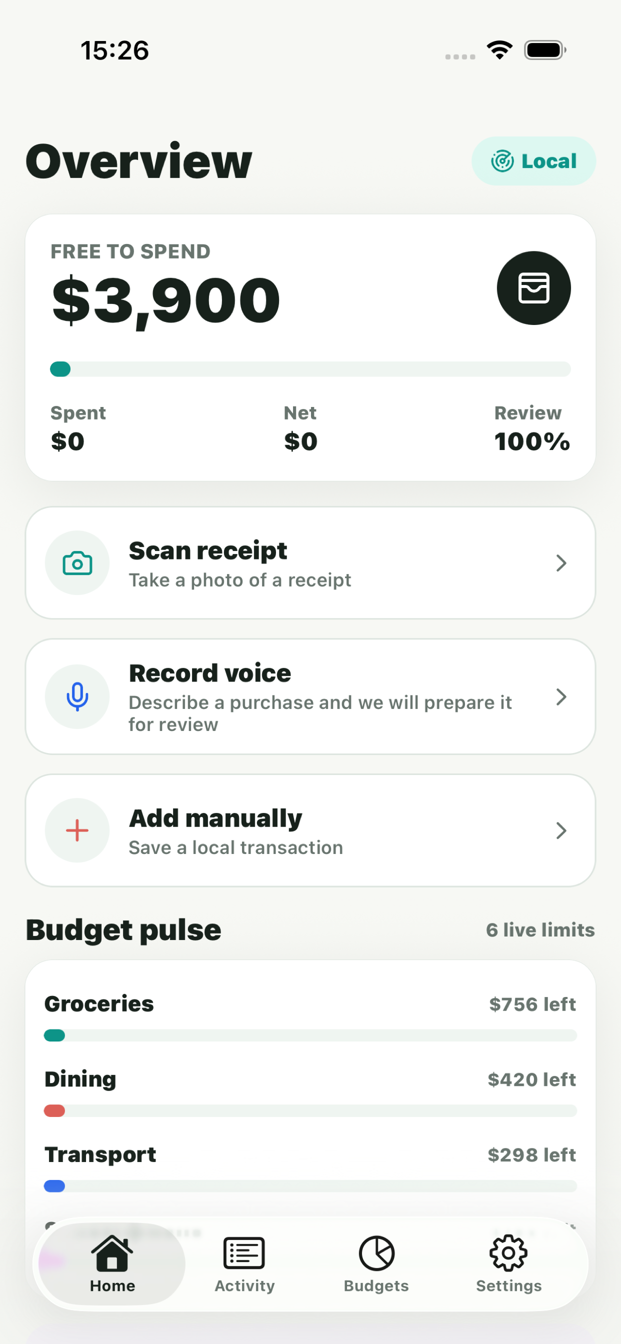 FinPilot overview with free-to-spend and budget pulse